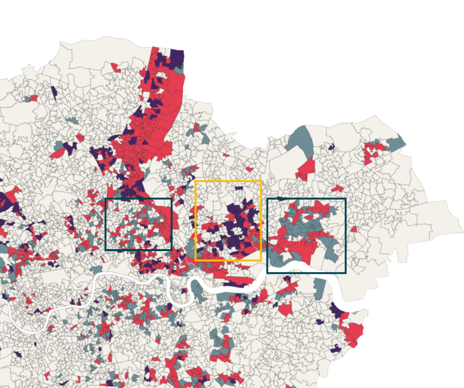 Map of East London showing neighbourhoods that were in London's most deprived 20% in 2019, 2025, or both, with three areas of notable change highlighted