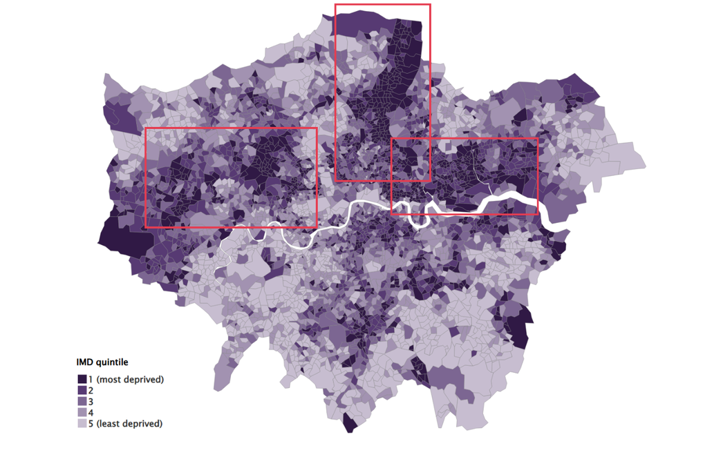 A map of the level of deprivation across London's neighbourhoods - the most deprived in darker colours. Three clusters of the most  deprived neighbourhoods are boxed out - and explained in the copy below.