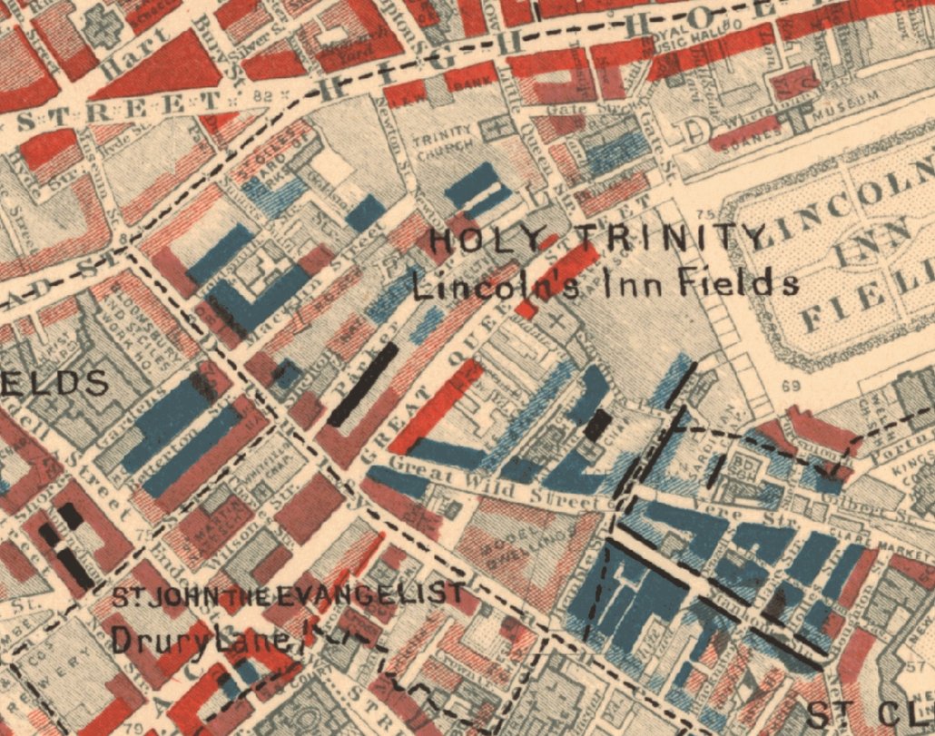 A section of Charles Booth's poverty maps, showing poverty in London street by street